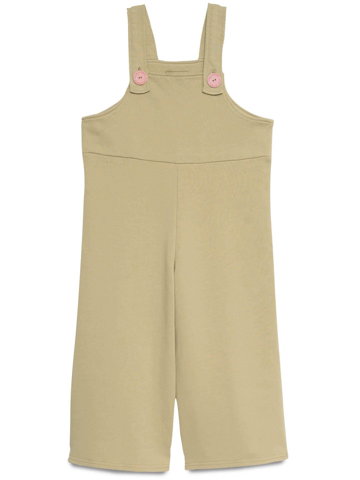 Jardineiras Oversize em Algodão – Verde Oliva com Botões Rosa