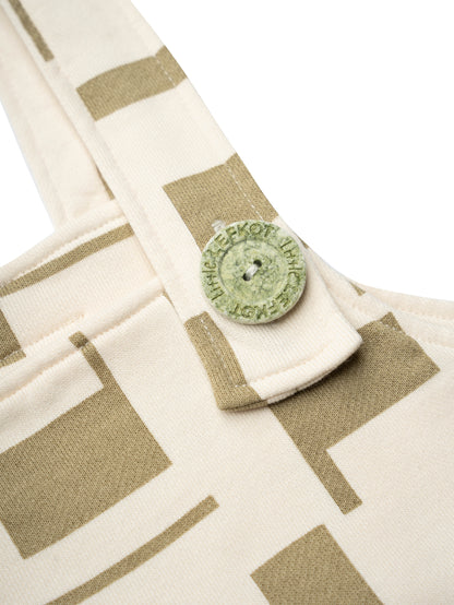 Jardineiras Oversize em Algodão – Bege com Padrão Verde Oliva